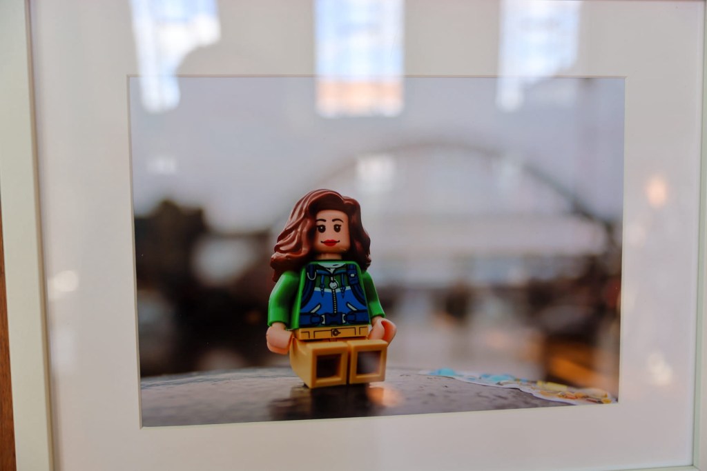 Photo of a LEGO portrait taken in front of the Tyne Bridge