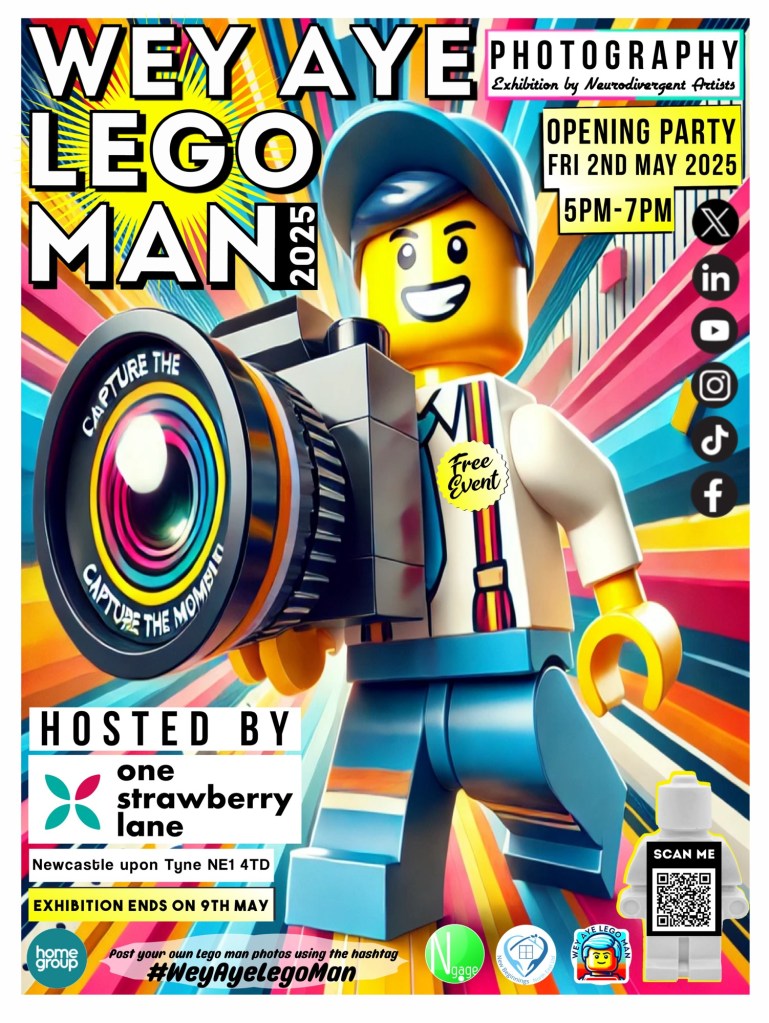 Flyer for the Wey Aye LEGO Man 2025 exhibition at One Strawberry Lane in Newcastle