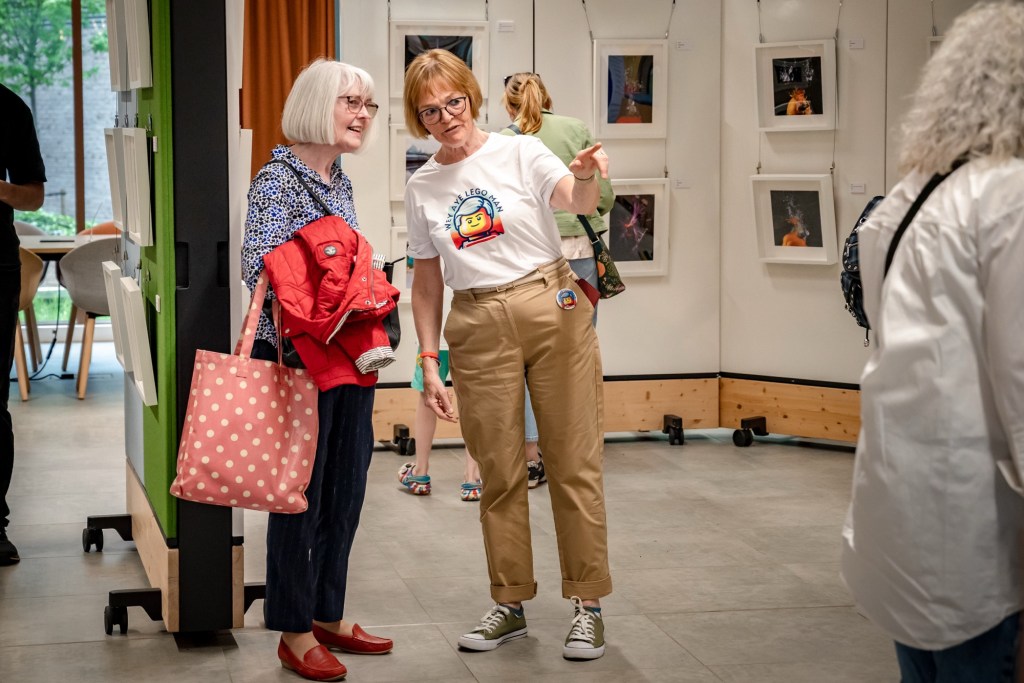 Attendees viewing the Lego portraits in the exhibition
